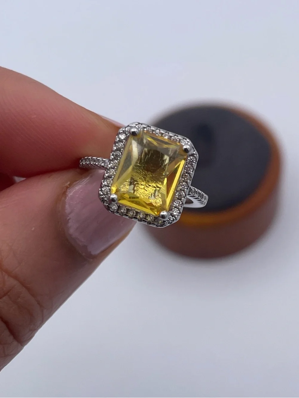 925 Sterling Silver Yellow CZ Halo Ring Emerald Cut Citrine Colored CZ size 5.5